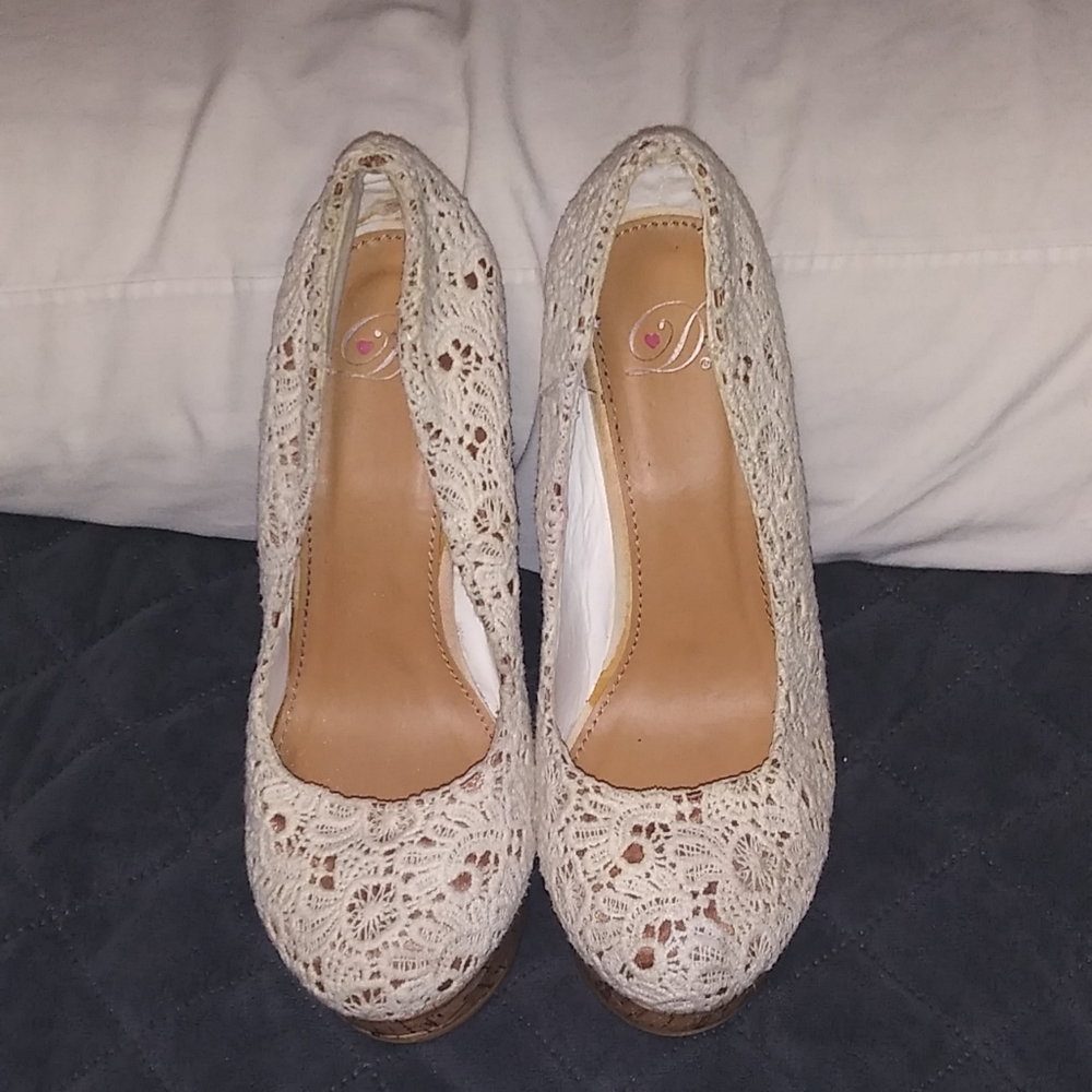 Cream crochet cork wedges